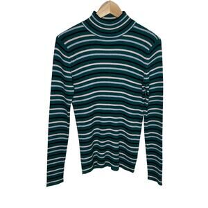 ModCloth Womens Long Sleeve Turtleneck Ribbed Sweater XL Green Stripe Sparkle